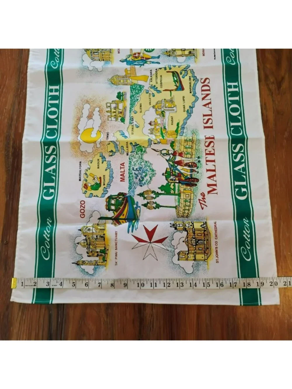 Vintage Cotton Tea Towel, The Maltese Islands, Map & Landmarks, Malta Souvenir